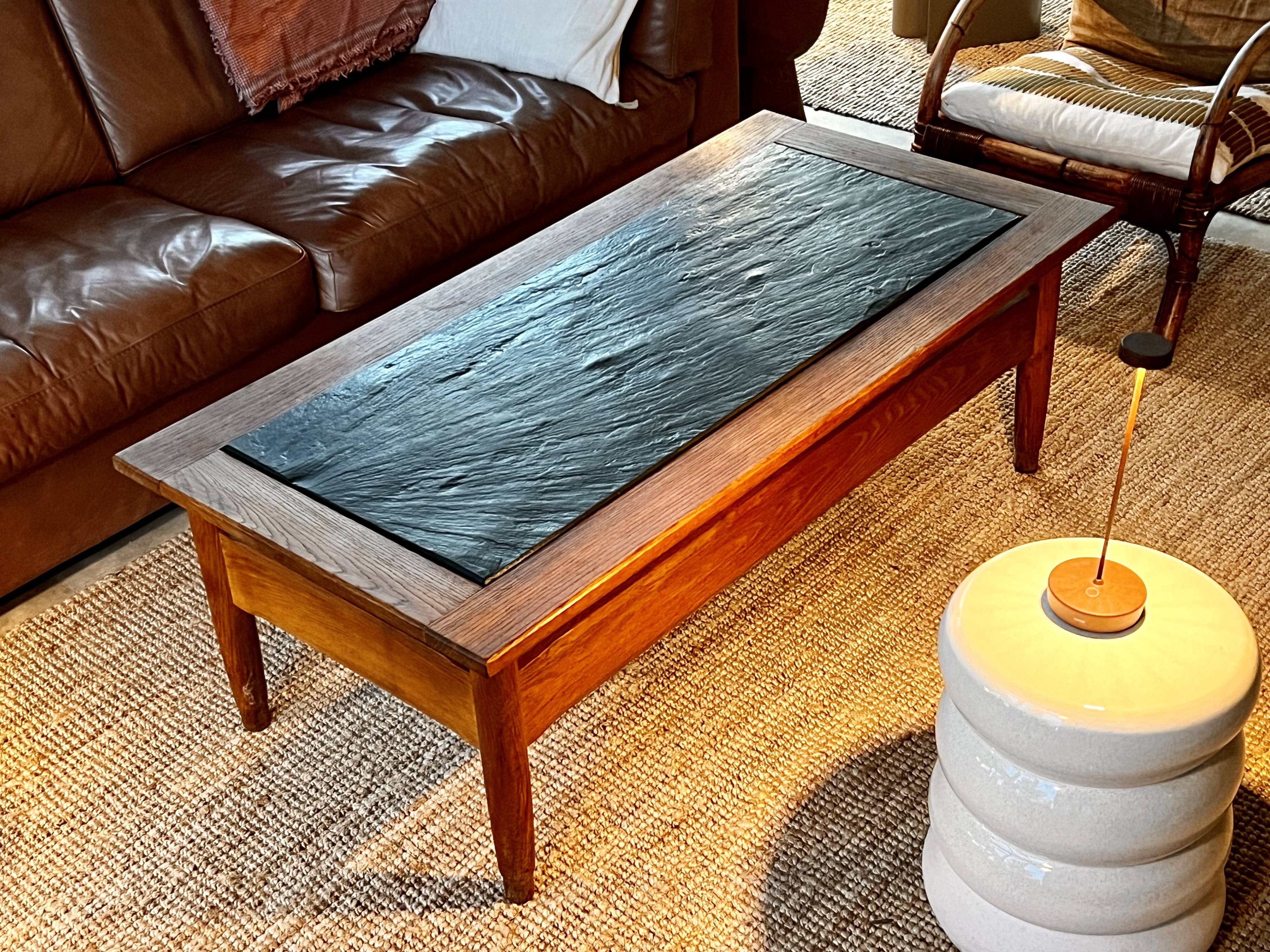 Vintage 1960s oak coffee table with slate top