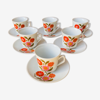 Set de tasses et sous tasses à café en porcelaine décor fleur vintage 70 Made in Italie