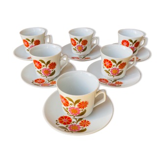 Set of porcelain cups and under coffee cups vintage flower decoration 70 Made in Italy