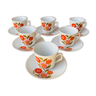 Set de tasses et sous tasses à café en porcelaine décor fleur vintage 70 Made in Italie