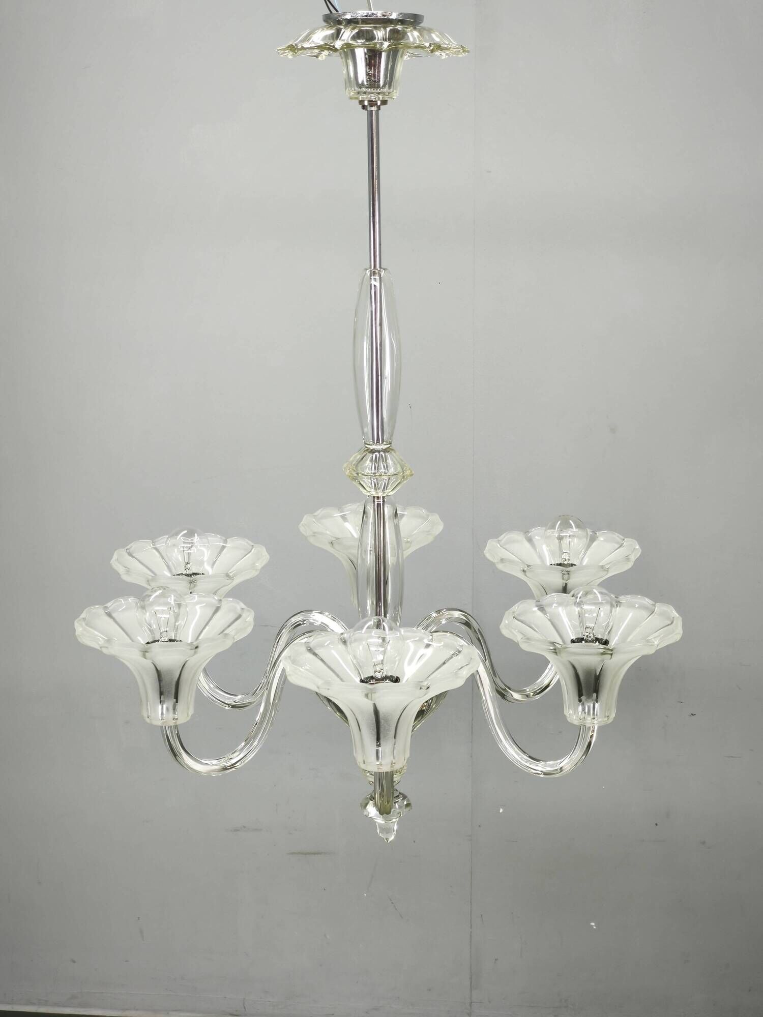 Art Deco Six-Arm Glass Chandelier, Czechoslovakia, 1930s