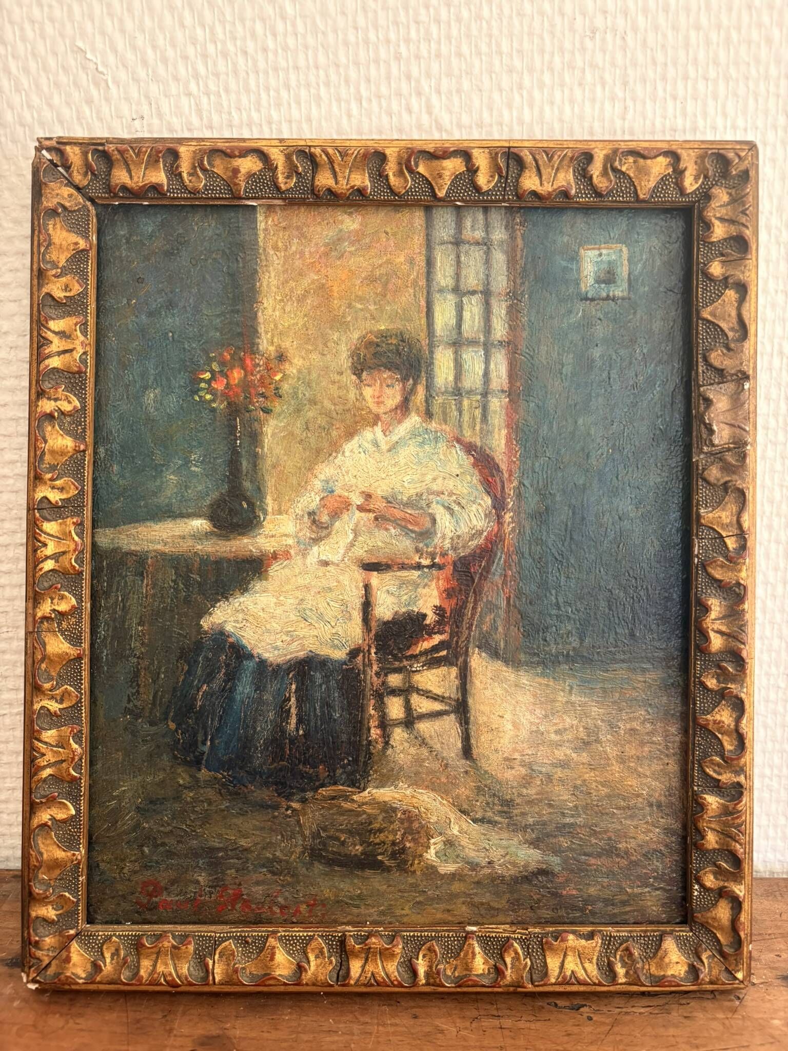 Oil Painting Tableau Paul Flaubert 1928-1994 Interior Scene Knitter