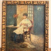 Oil Painting Tableau Paul Flaubert 1928-1994 Interior Scene Knitter