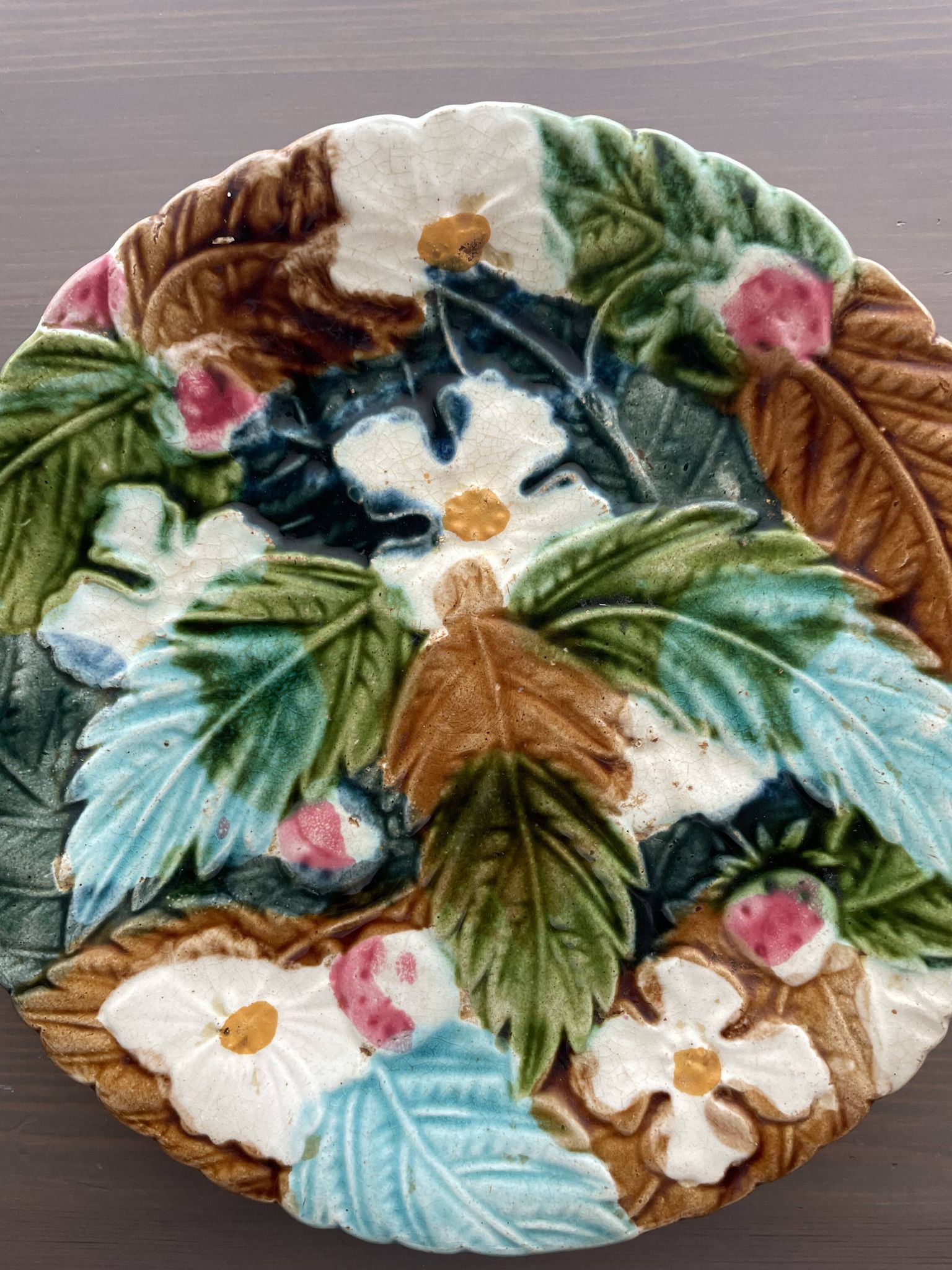 French barbotine plate – raised floral decoration – late 19th century