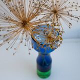 Mid-century modern Scandinavian bright blue and emerald green glass vase from Borgström Åseda, Sweden