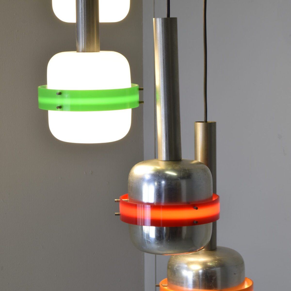 Suspended lamps in white and coloured plastic by Stilnovo, 1960s, set of 5.