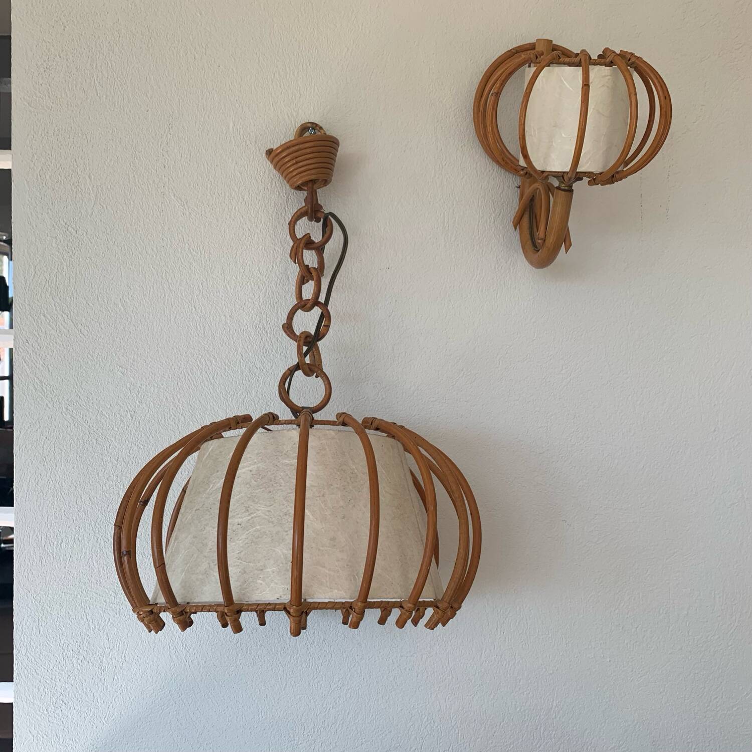 ▪️Lot Suspension And Wall Lamp Wicker Louis Sognot 50-60's Bohemian Chic Vintage