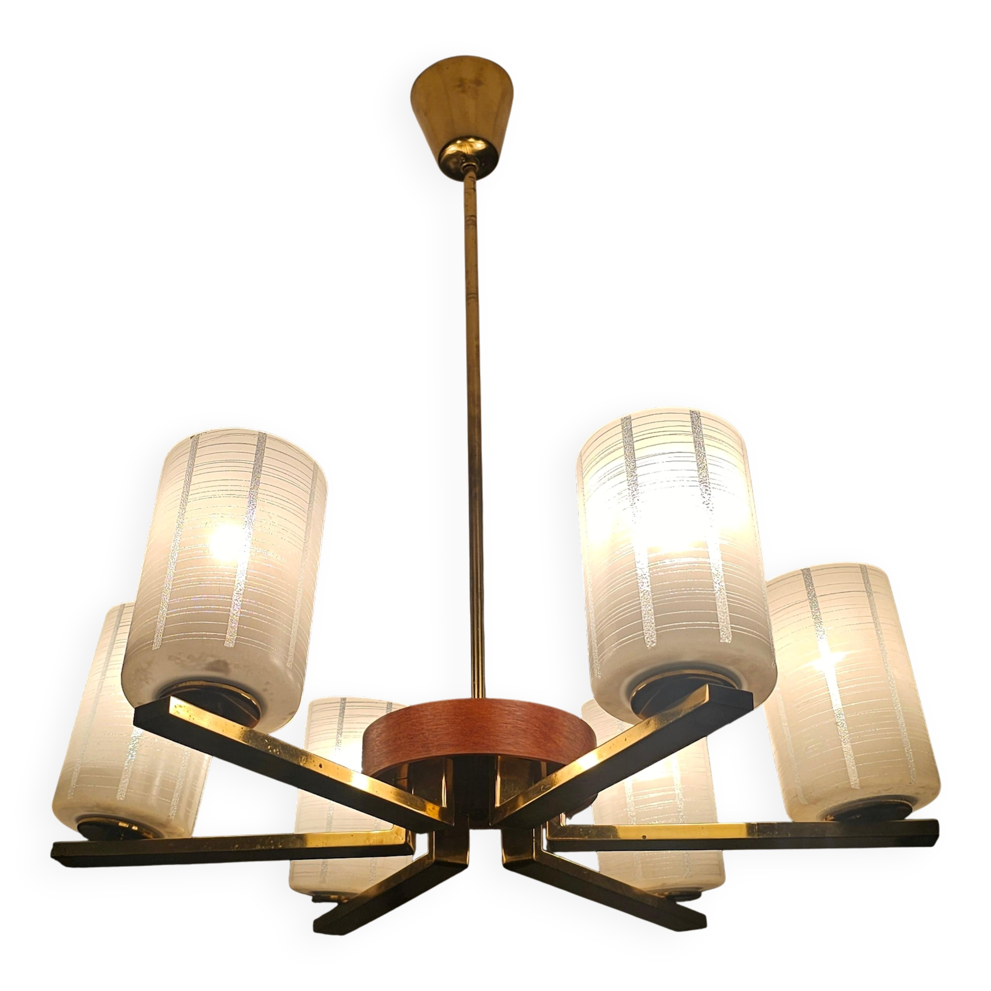 Lustre Mid Century Modern with 6 brass arms, teak, and frosted glass.