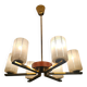 Lustre Mid Century Modern with 6 brass arms, teak, and frosted glass.