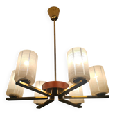 Lustre Mid Century Modern with 6 brass arms, teak, and frosted glass.