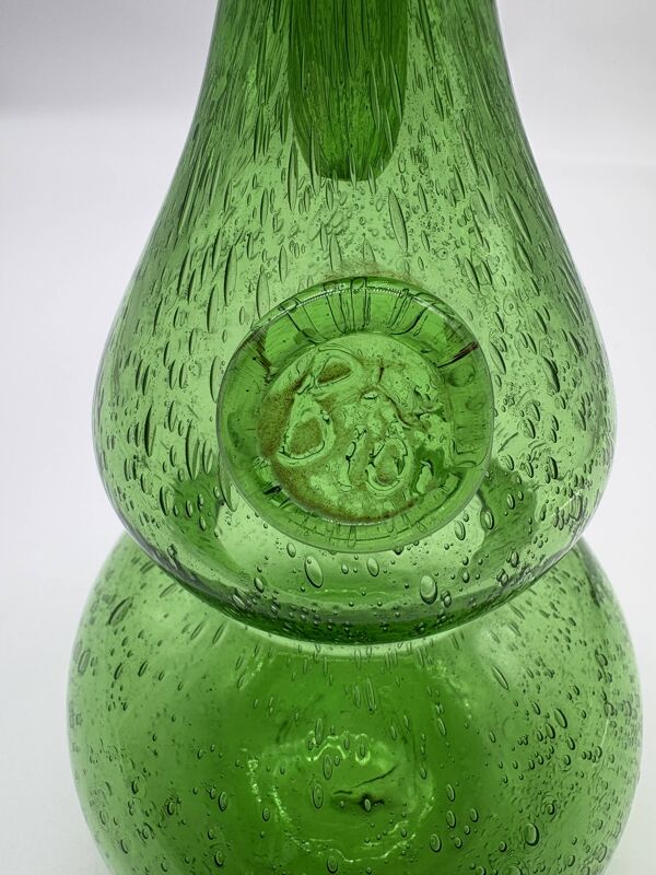 Service à liqueur Biot verre soufflé vert bullé carafe 6 verres plateau