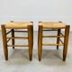 Pair of straw and wood stools, 1960s, neo-rustic style.