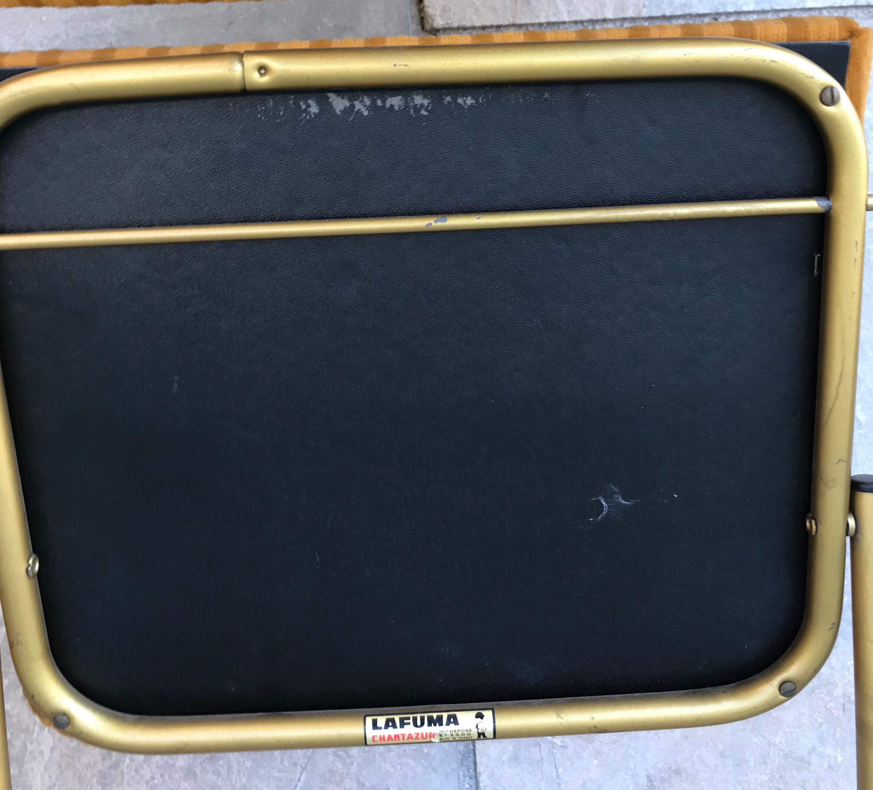 Set of 4 folding chairs in brass and mustard velvet striped by "Lafuma" 1960