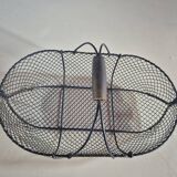 Vintage navy blue metal basket with wooden handle