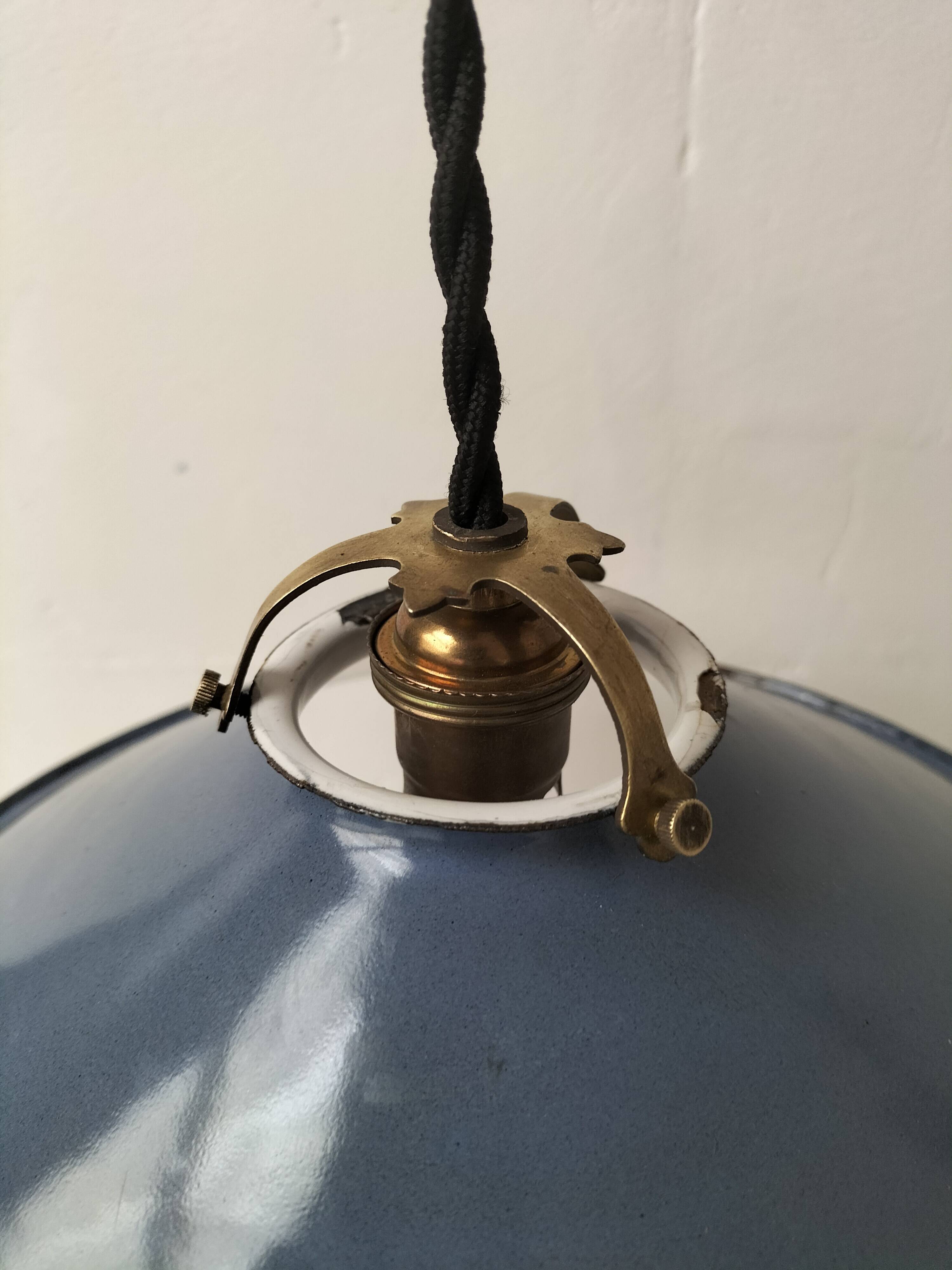 Pair of blue enameled sheet metal pendant lights