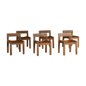 Lot de 6 chaises à manger danoises en pin massif et cuir, années 1970