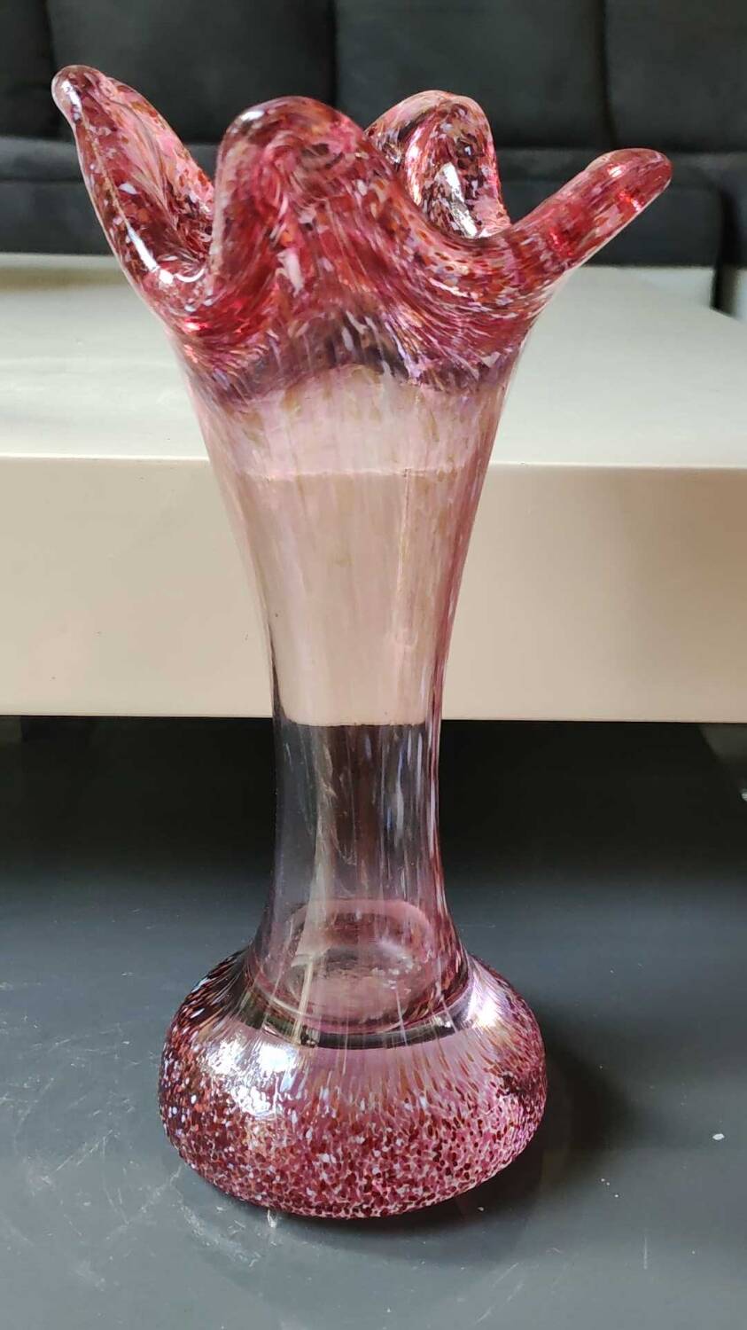 Floral vase/Clichy glassware/Camaieus shades of pink. Dotted patterns/Volutes. Height 25.5 cm