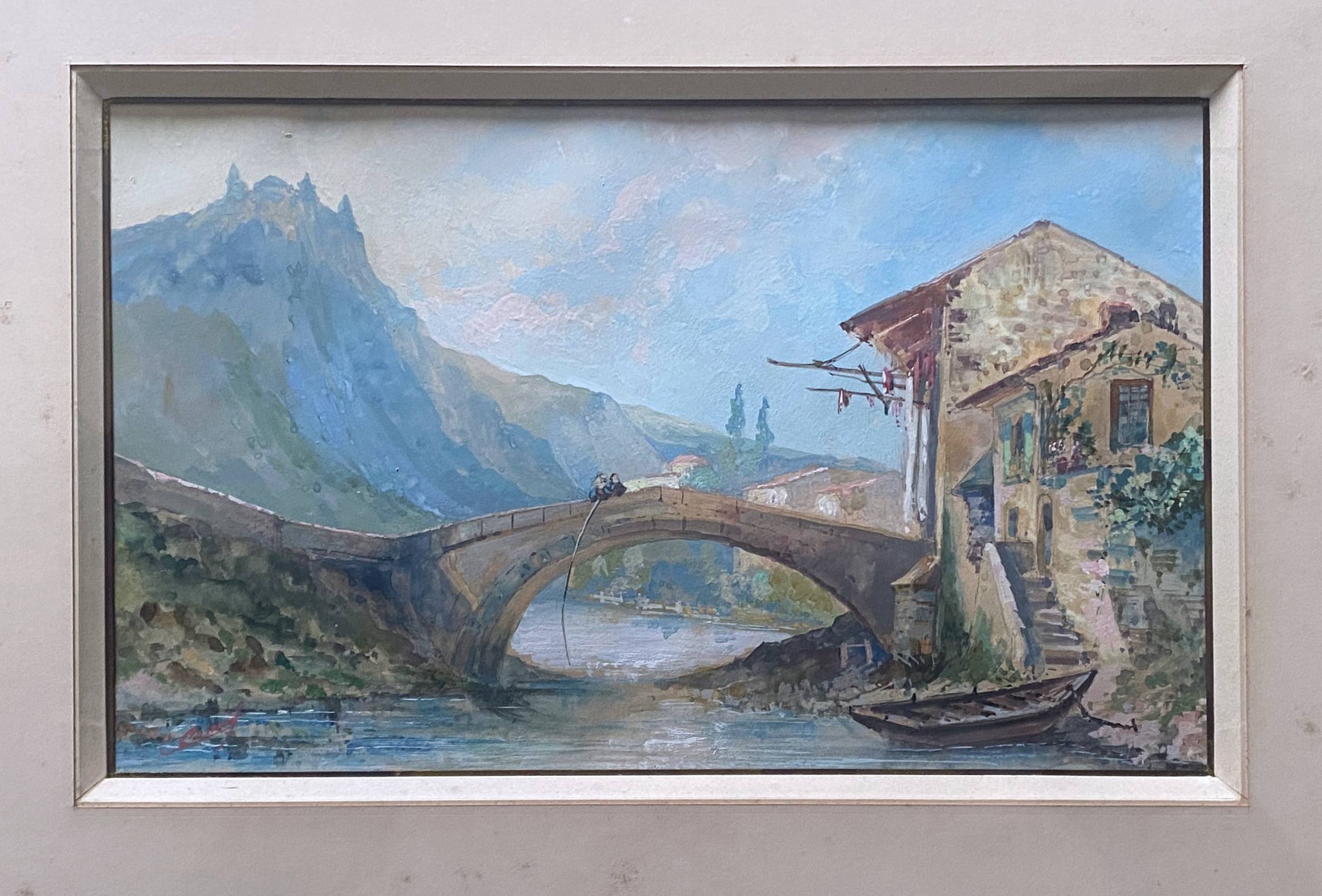 Magnificent 19th century Gouache painting "Roman house by the water" Italy? sign