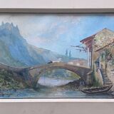 Magnificent 19th century Gouache painting "Roman house by the water" Italy? sign