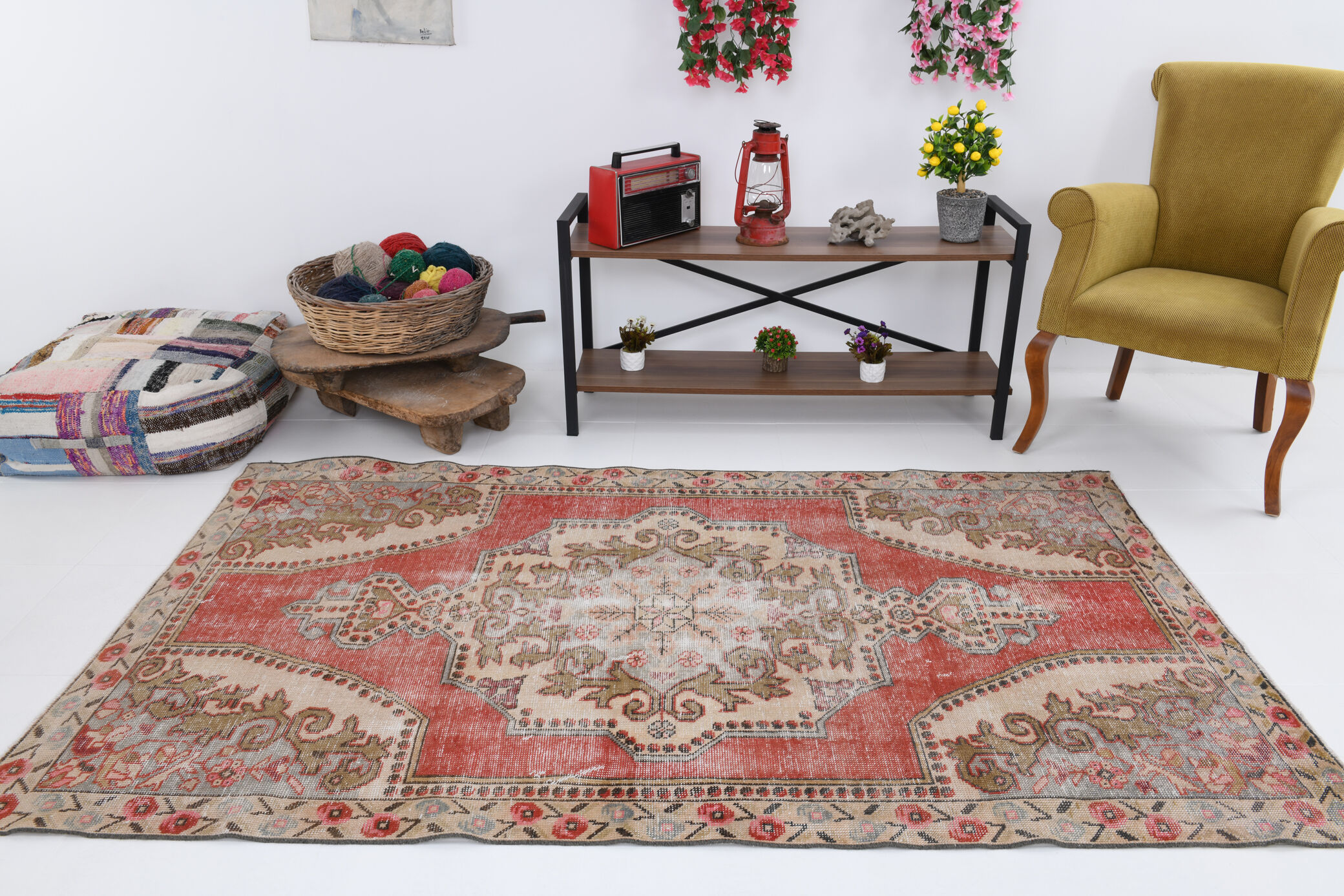 4x7 Red and Beige Turkish Vintage Rug