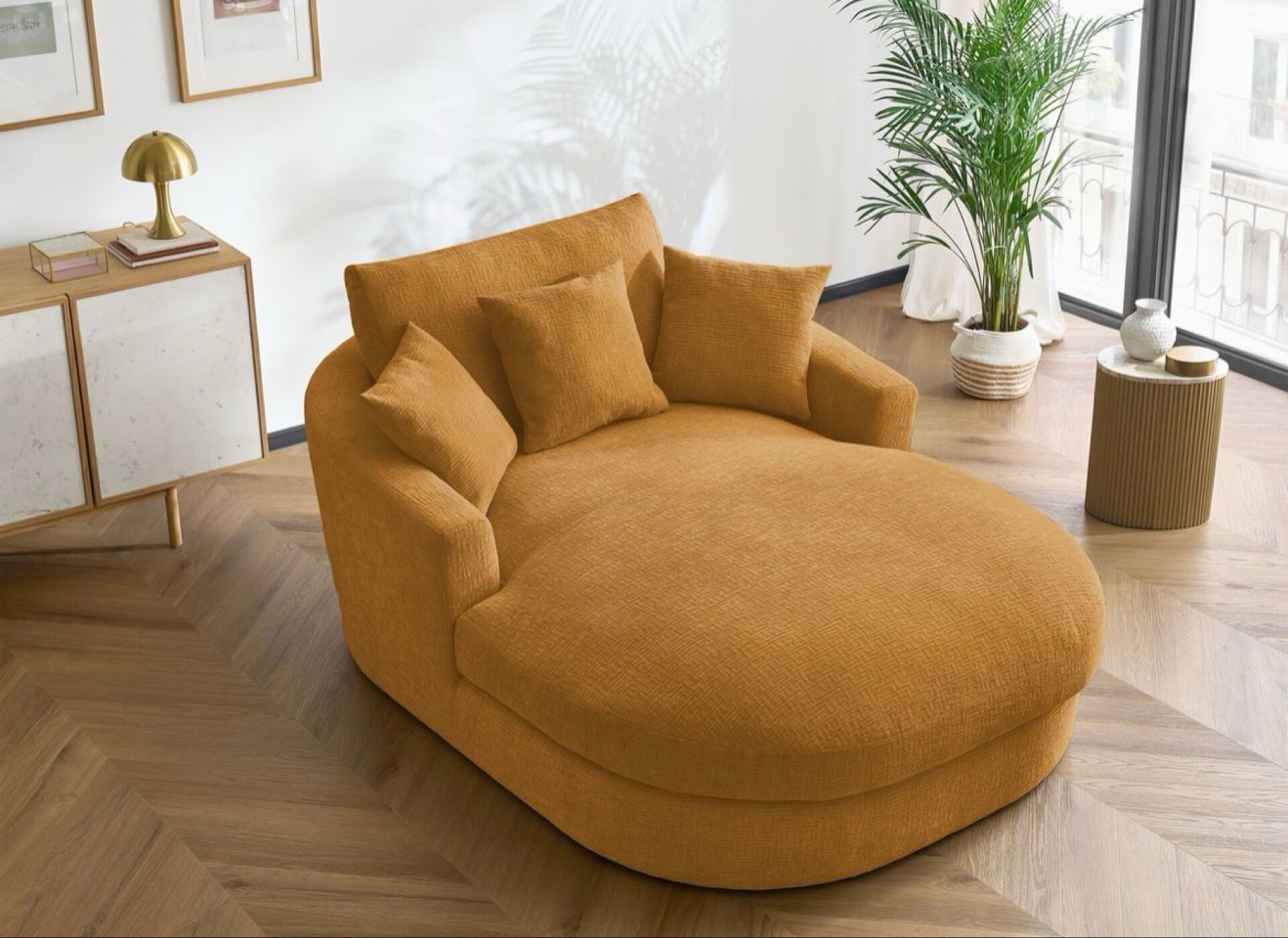Belem meridian sofa by bobo chic in textured ochre fabric.