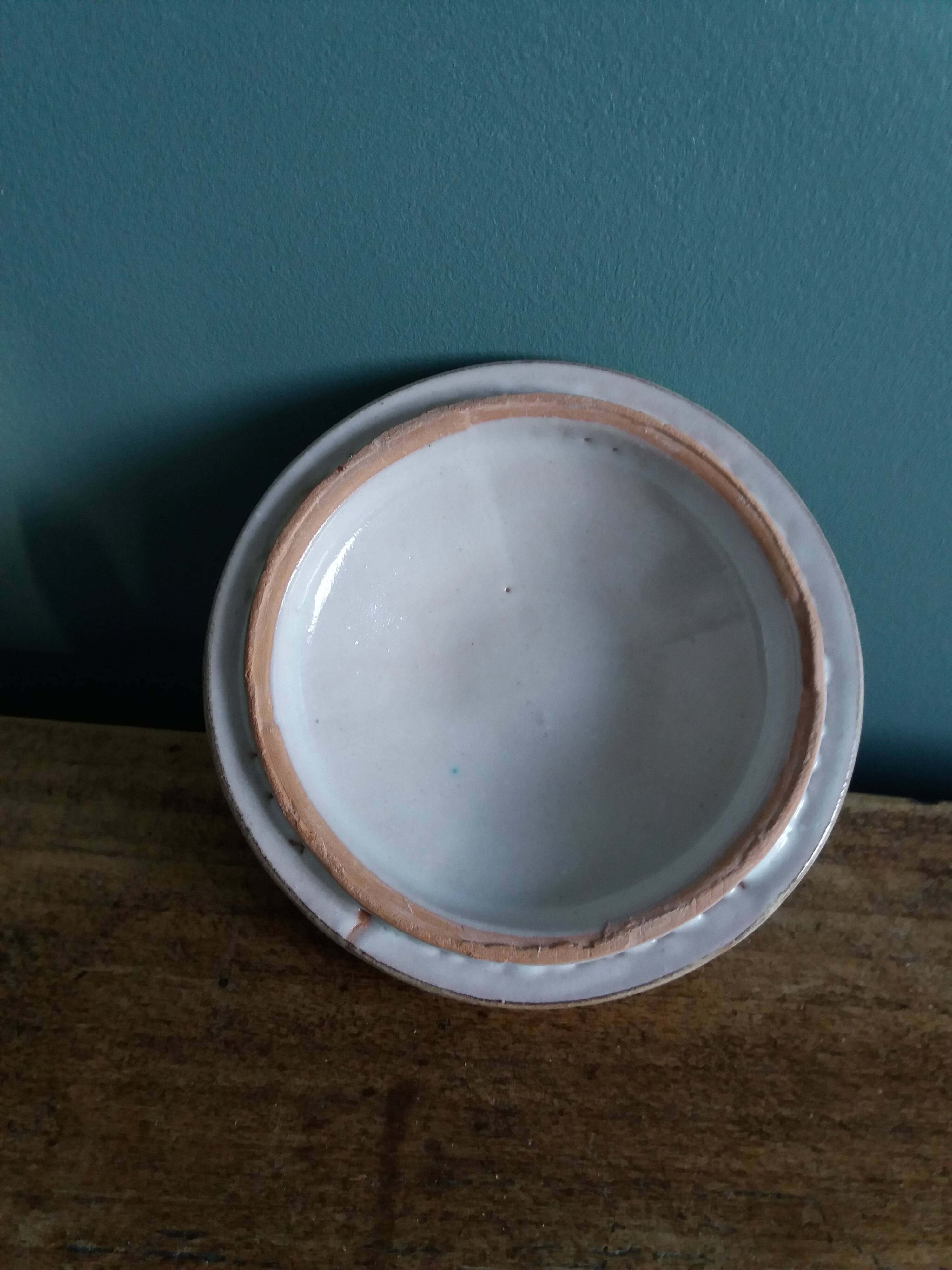 Covered pot, ceramic sugar bowl, signed