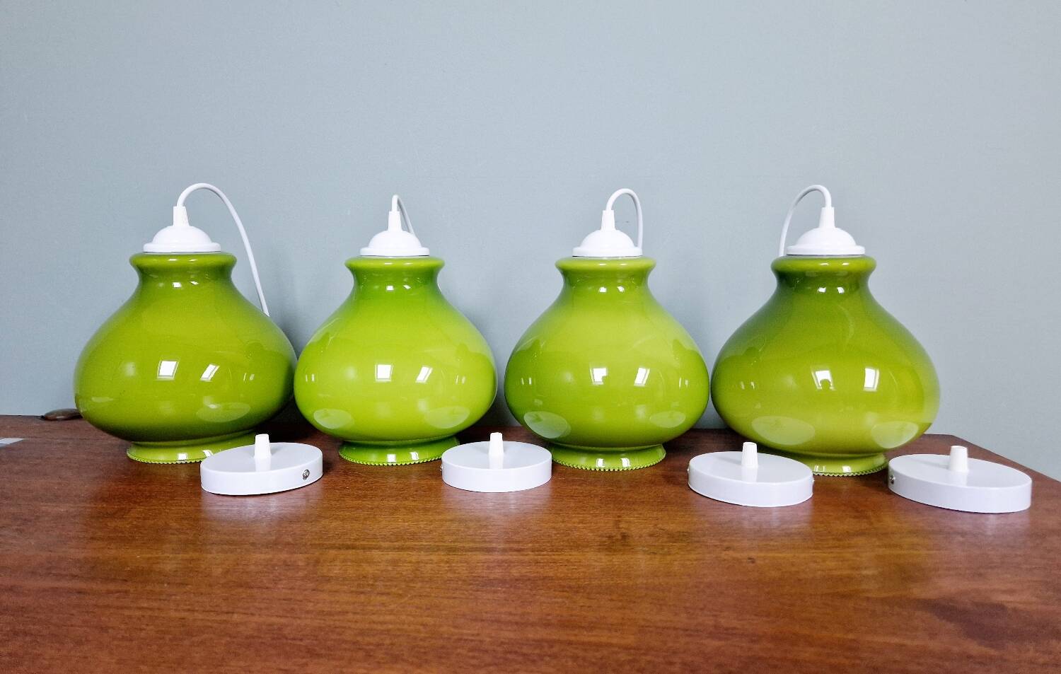 Vintage green opaline pendant light (4 available), 1960-70