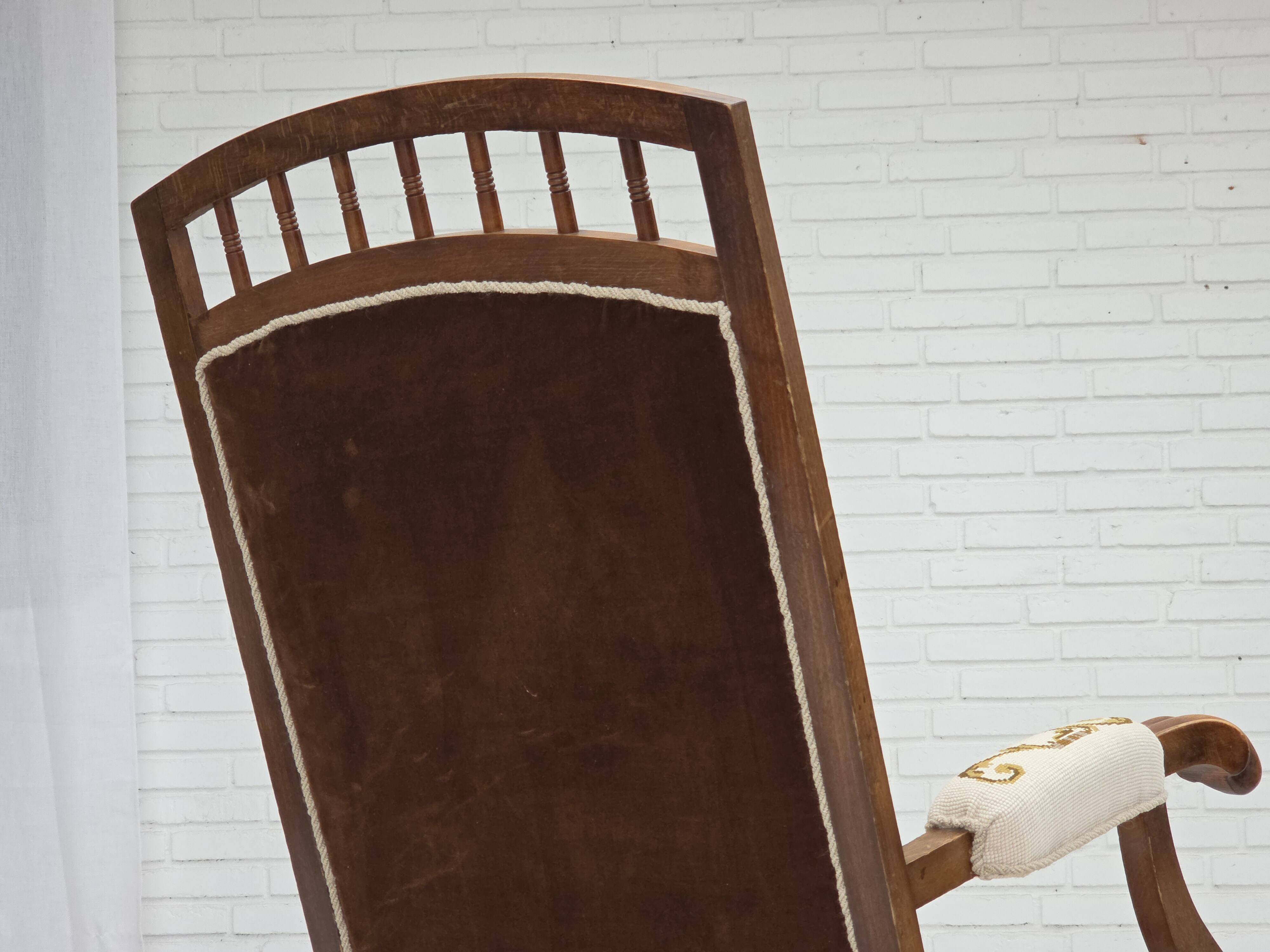 1930s, Danish highback rocking chair, original hand woven wool, ash wood.