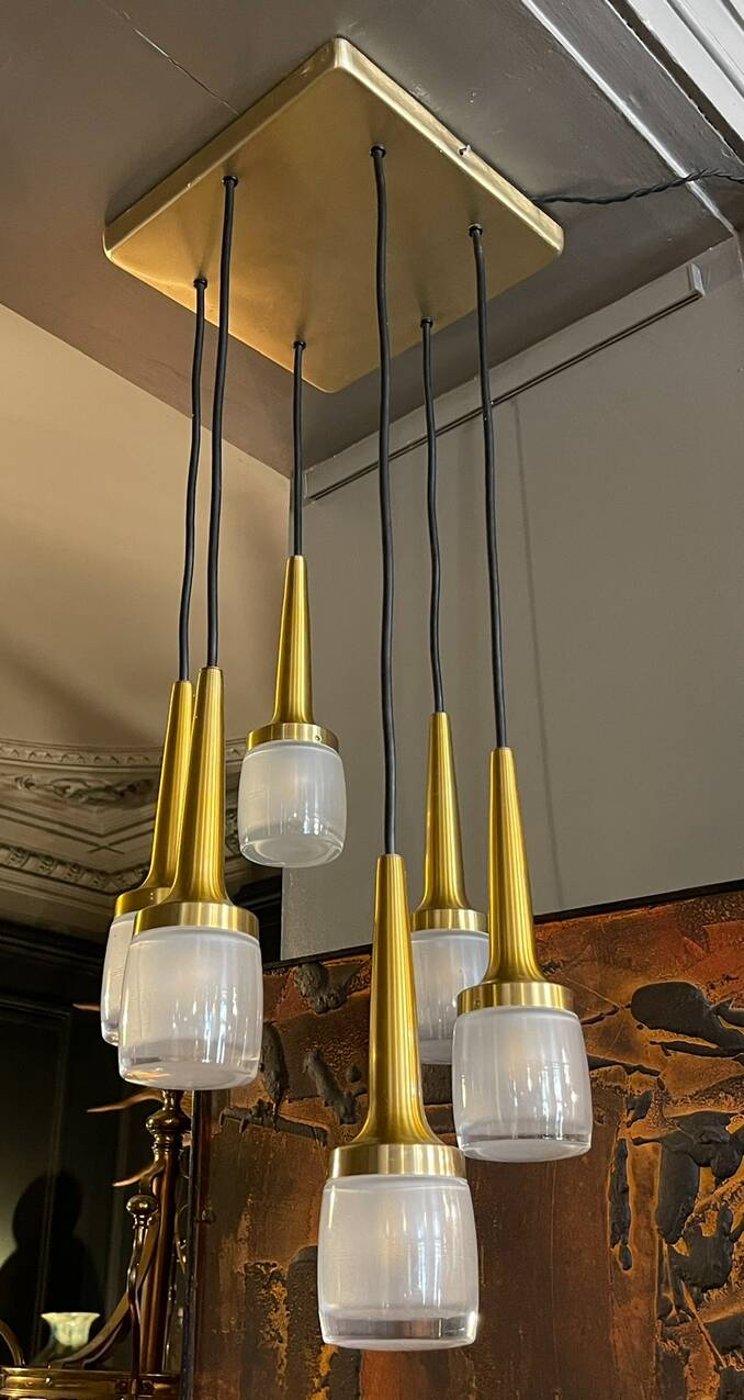 Cascade chandelier 6 elements, Staff Leuchten, brass and gold-plated aluminum, glass, ca 1970