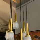 Cascade chandelier 6 elements, Staff Leuchten, brass and gold-plated aluminum, glass, ca 1970