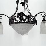 Wrought iron chandelier, tulips / pressed-molded glass bowl, Art Deco, 1930