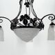 Wrought iron chandelier, tulips / pressed-molded glass bowl, Art Deco, 1930
