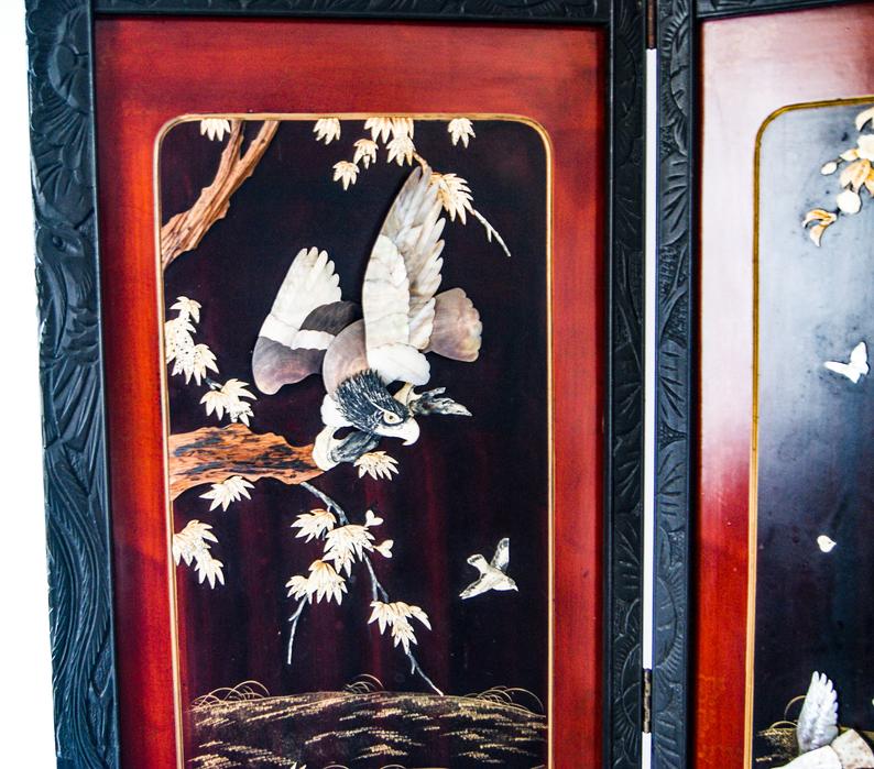 Early 20th century 4 panel room divider folding screen with 3d birds