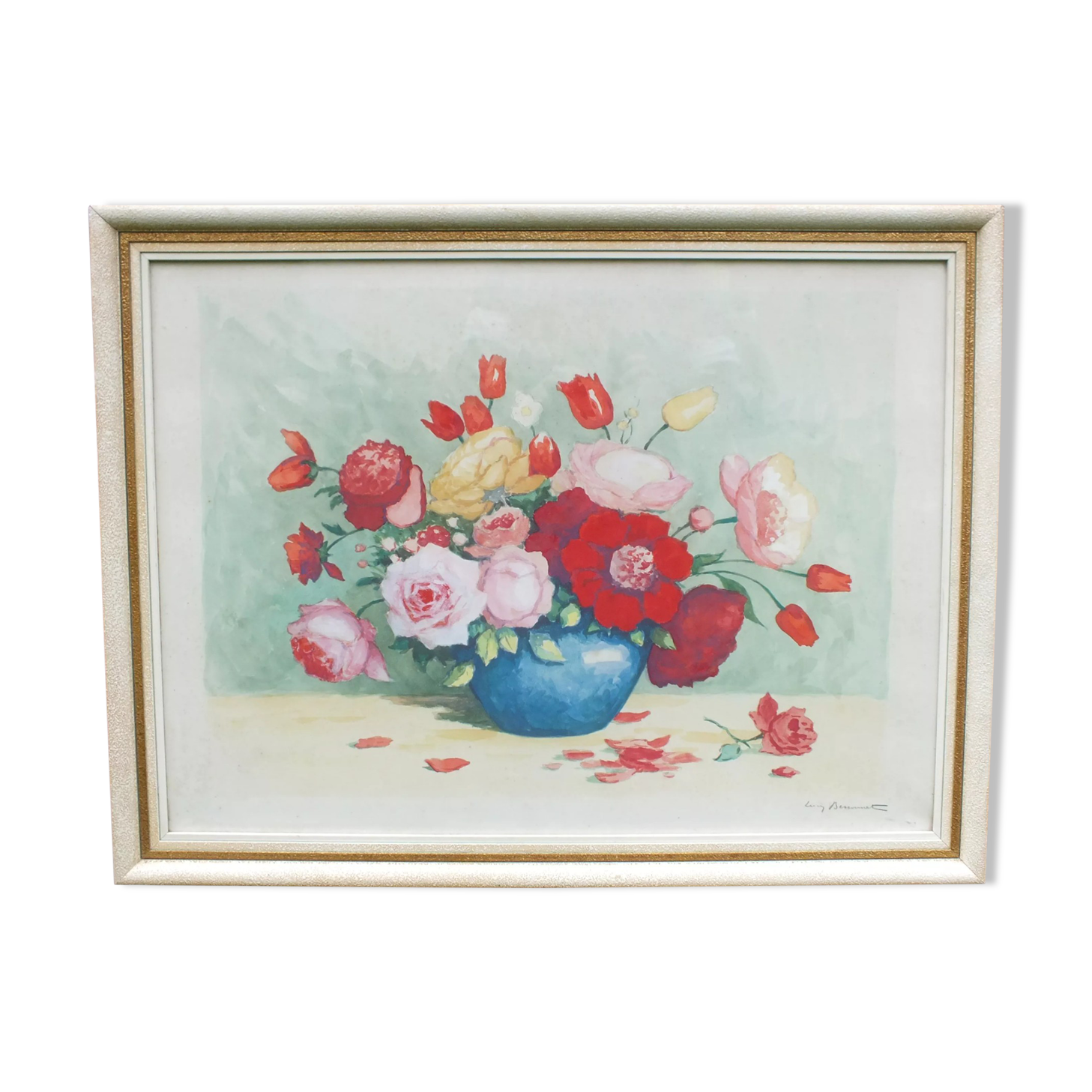 Large watercolor bouquet of flowers signed Bessonnat