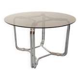 Table ronde de repas vintage en verre fumé et métal chromé