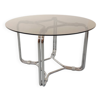 Table ronde de repas vintage en verre fumé et métal chromé