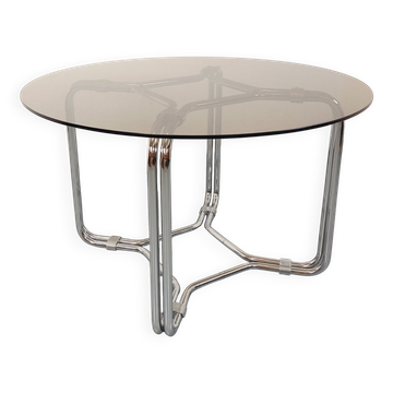 Vintage round dining table in smoked glass and chrome metal
