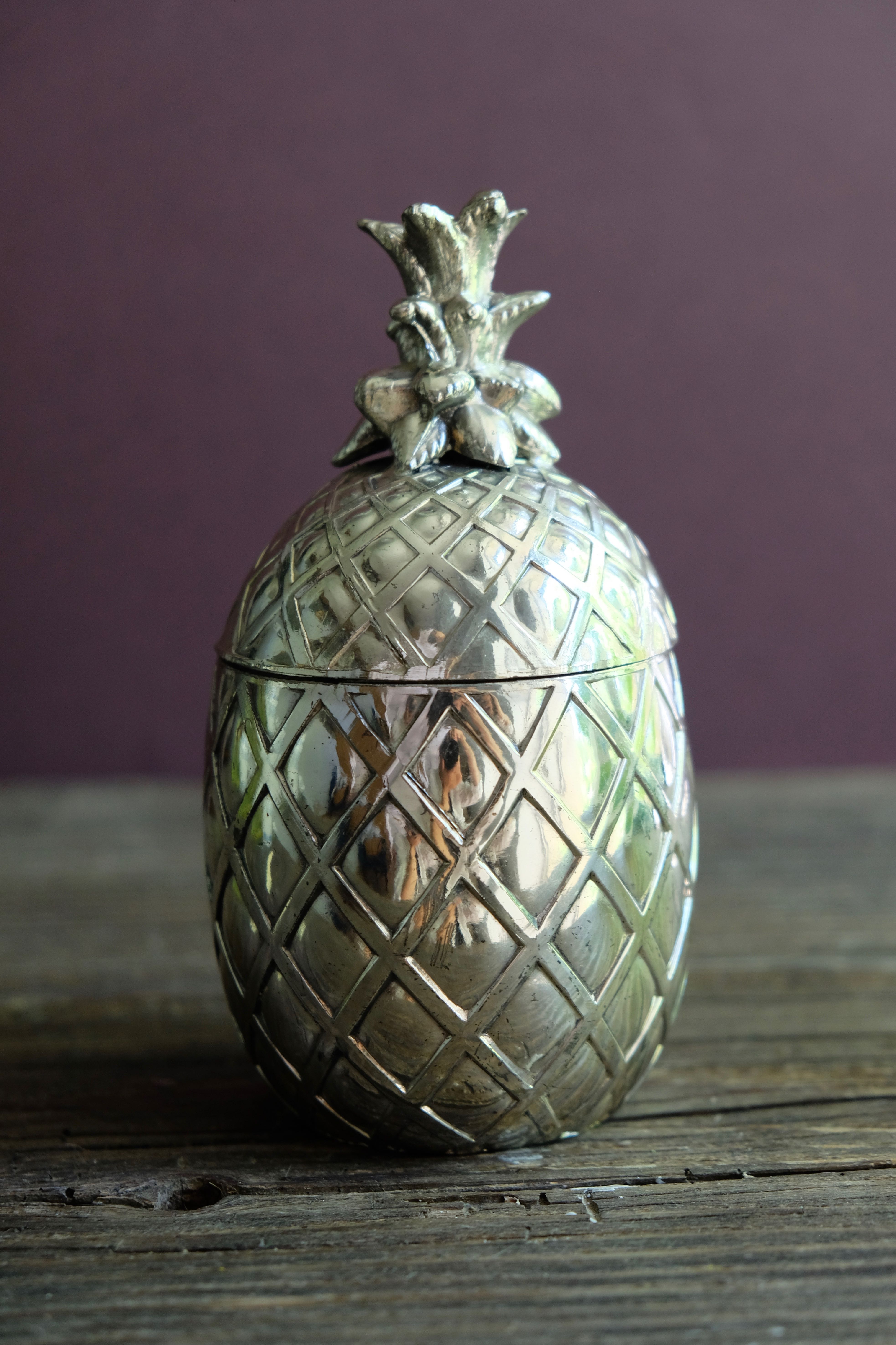 Boite ou sucrier ananas en métal chromé vintage en trois pièces
