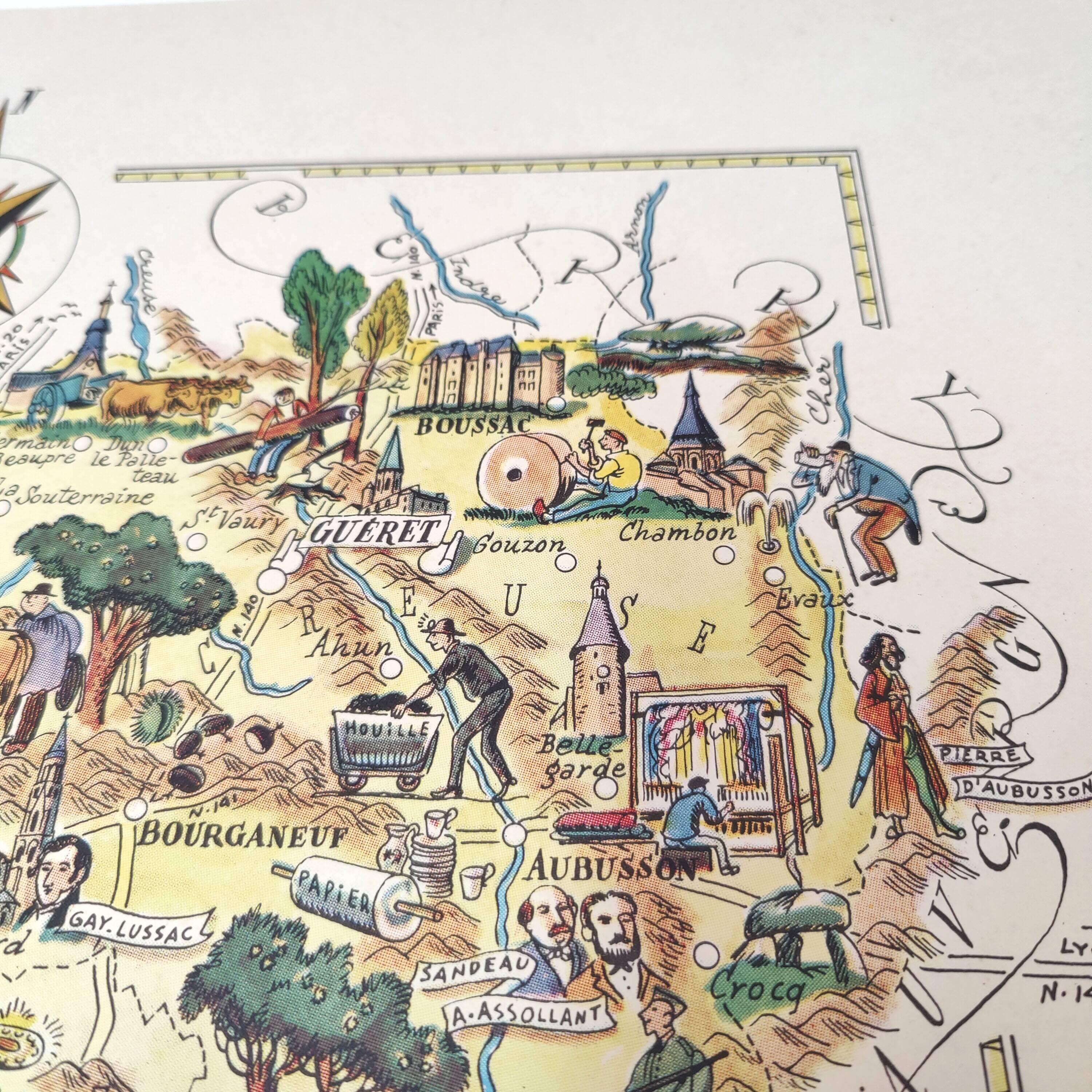 Old Limousin map illustrated Jacques Liozu 1951