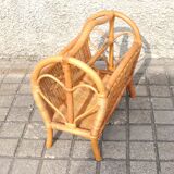 Magazine basket in vintage rattan and bamboo - heart pattern