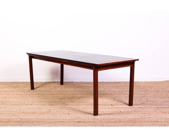 Rosewood Coffee Table With Denmark, Brown Leather Tray Table