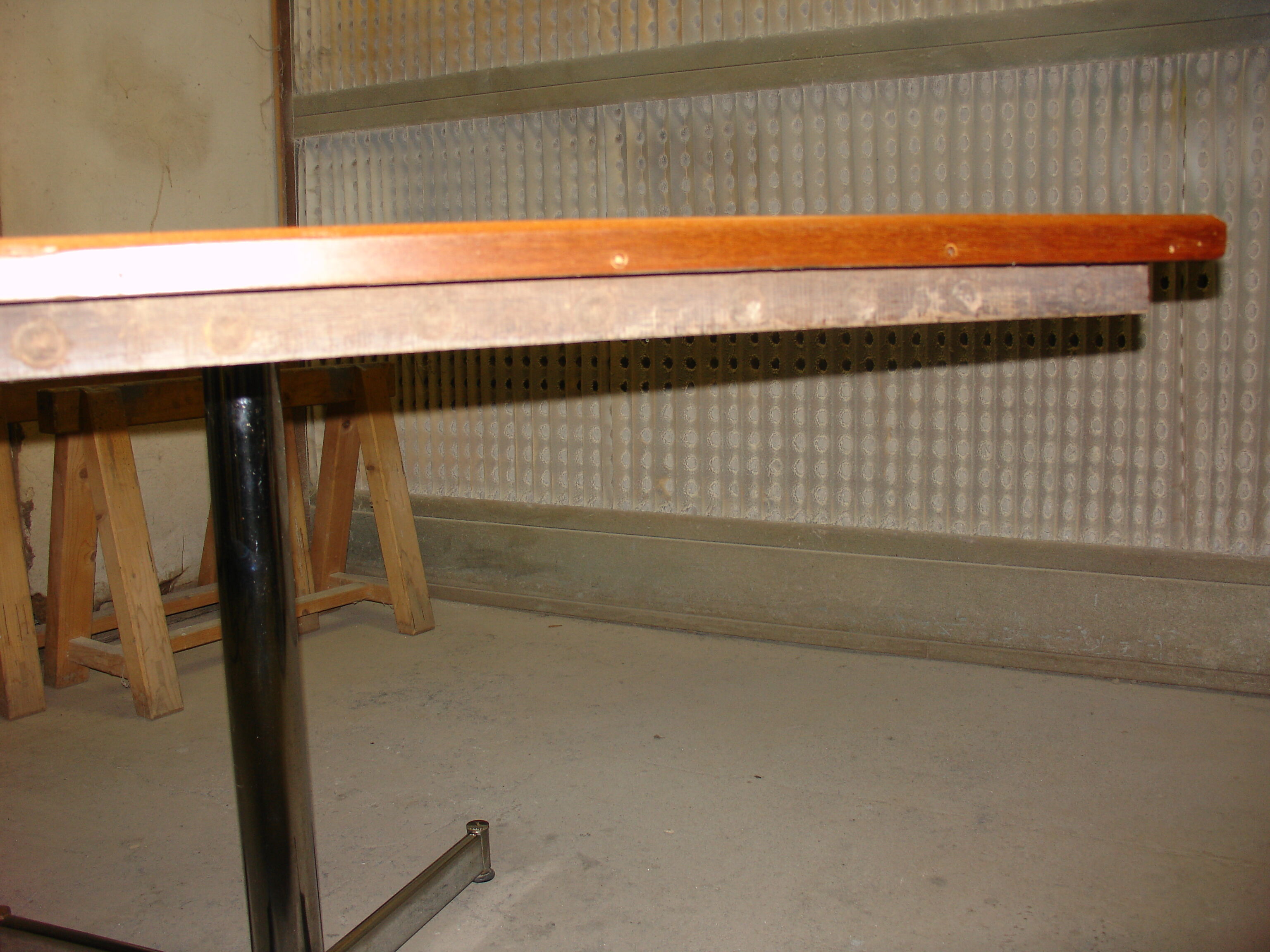 Square table in solid wood mosaic with chrome base, circa 1970