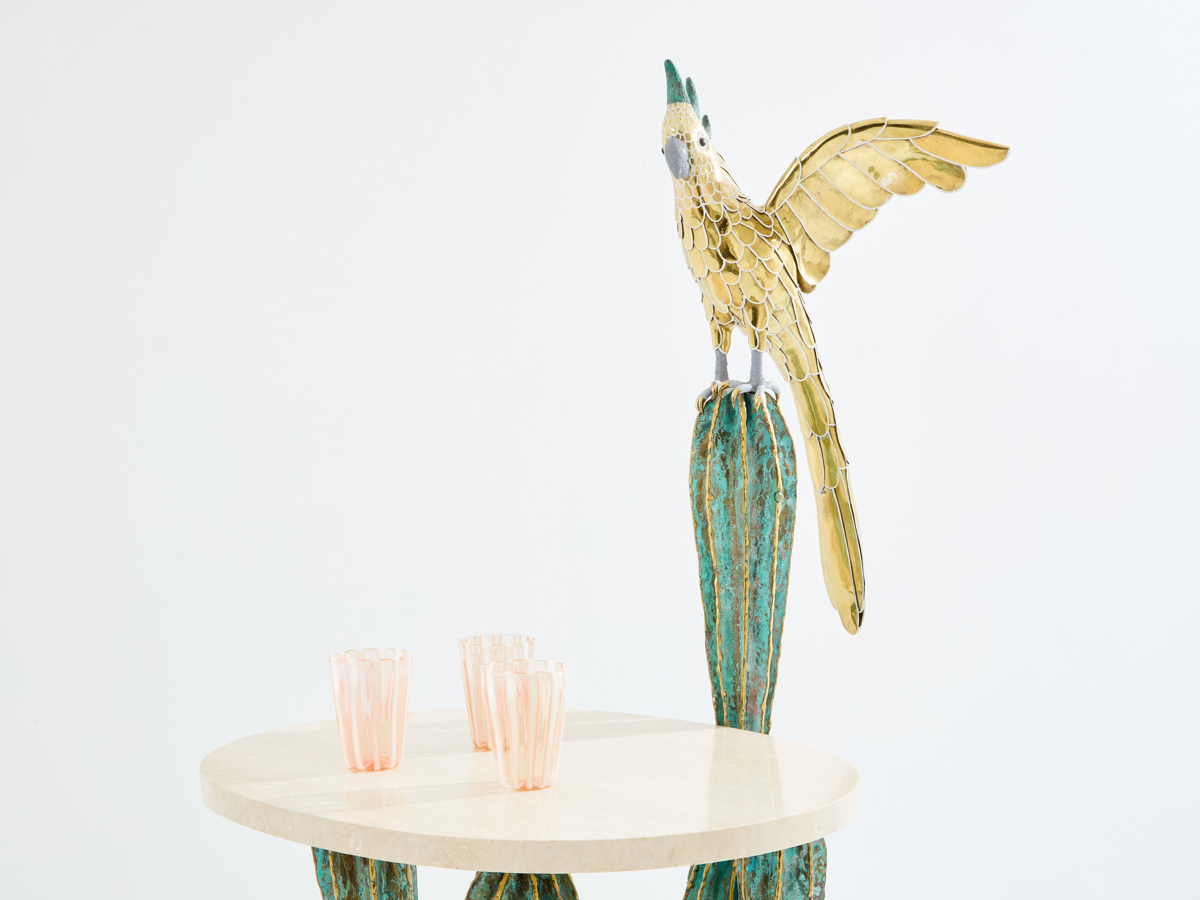 Brass cactus and parrot sculpture console Alain Chervet 1989