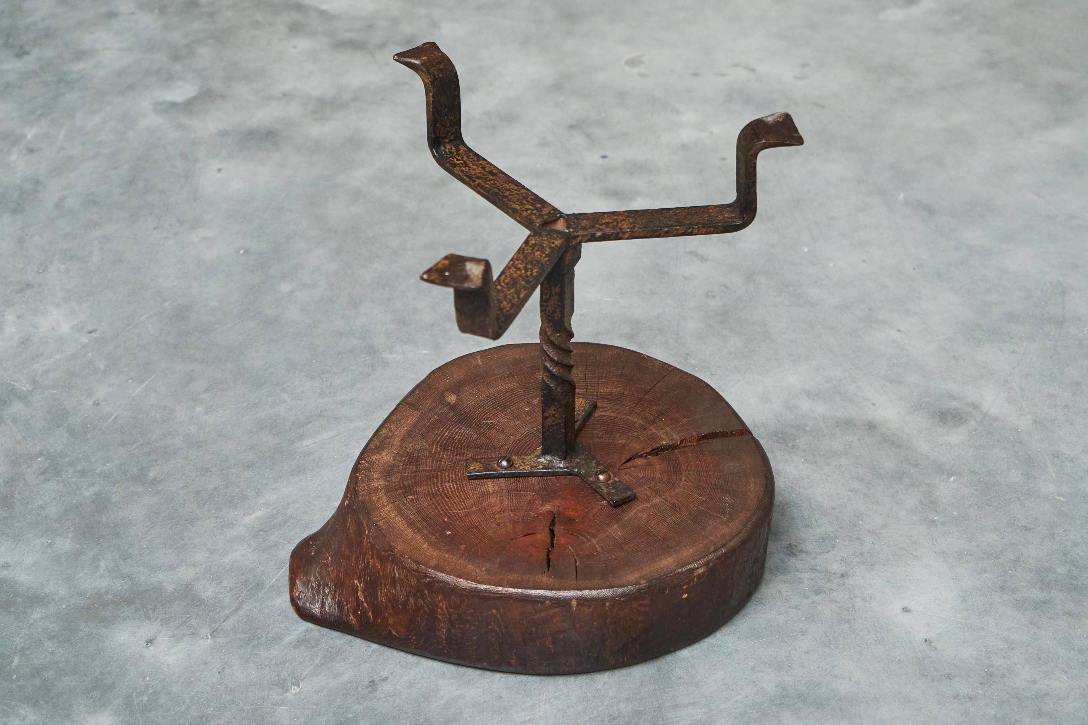 Tree Stump Stool or Solid Wood and Wrought Iron Side Table, Mid-Century