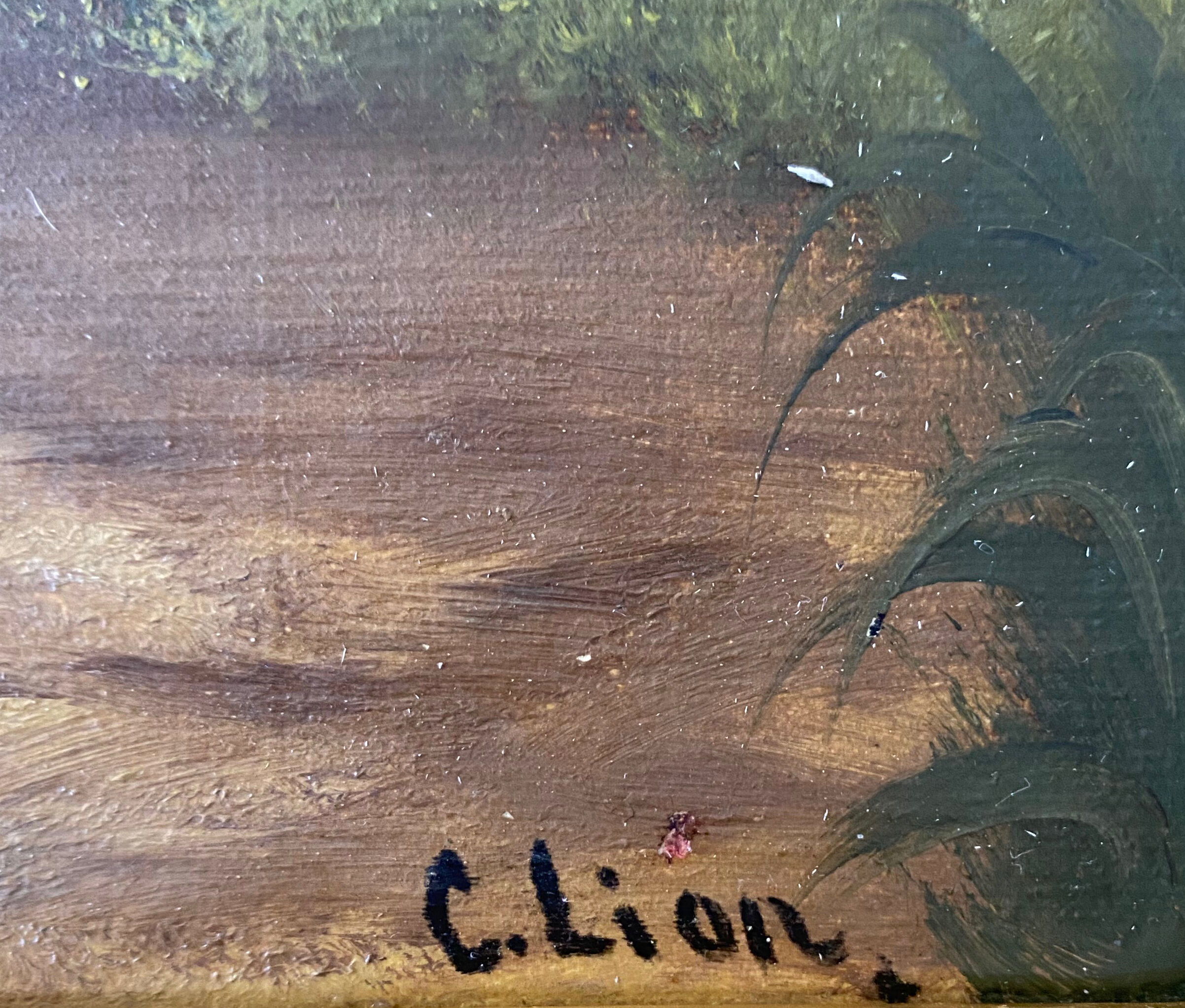 Table HST XIX° "The jewel of nature" Animated landscape Signed C. Lion + frame