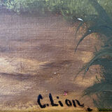 Table HST XIX° "The jewel of nature" Animated landscape Signed C. Lion + frame