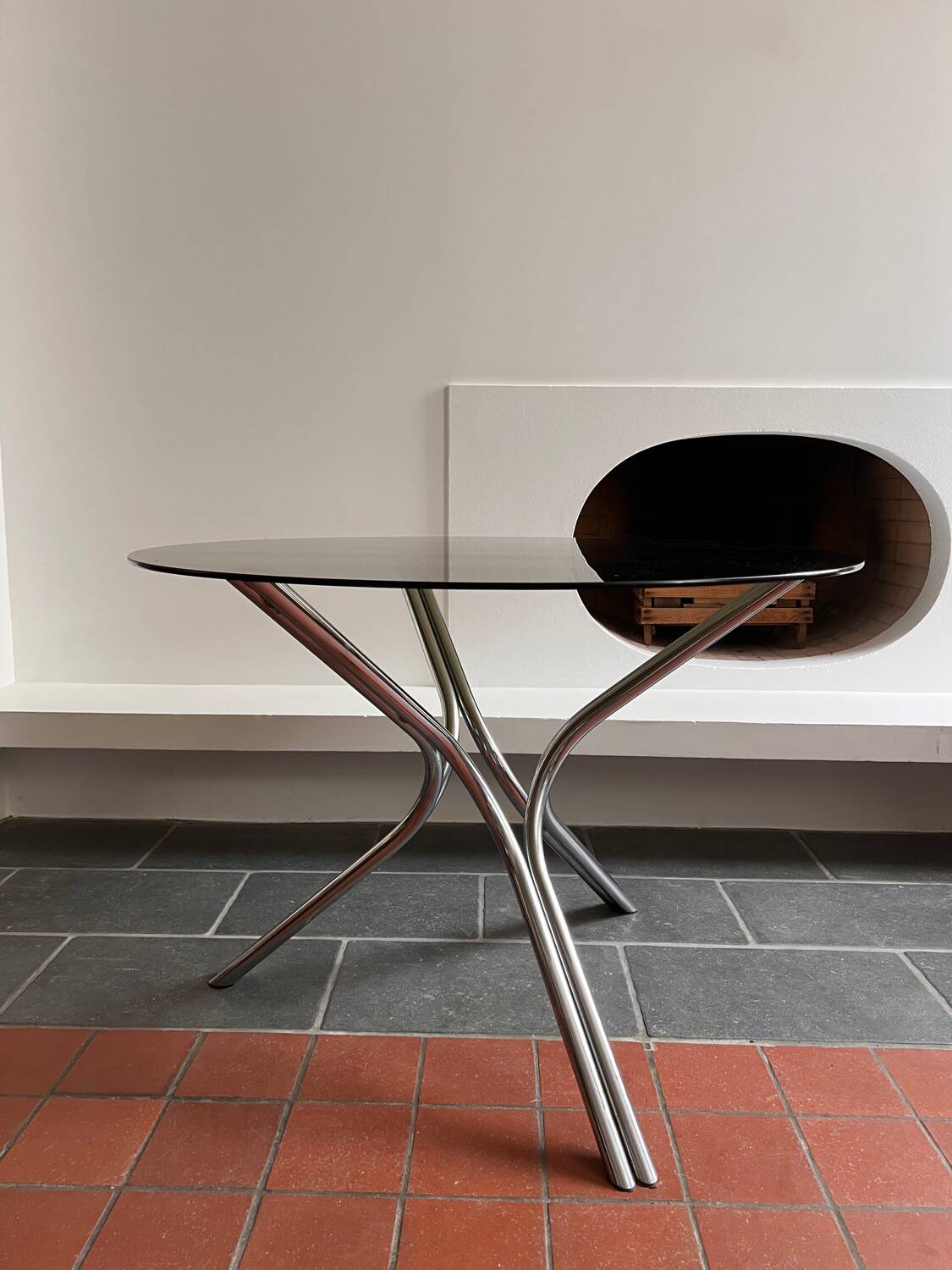 Chromed metal and smoked glass dining table, 1970
