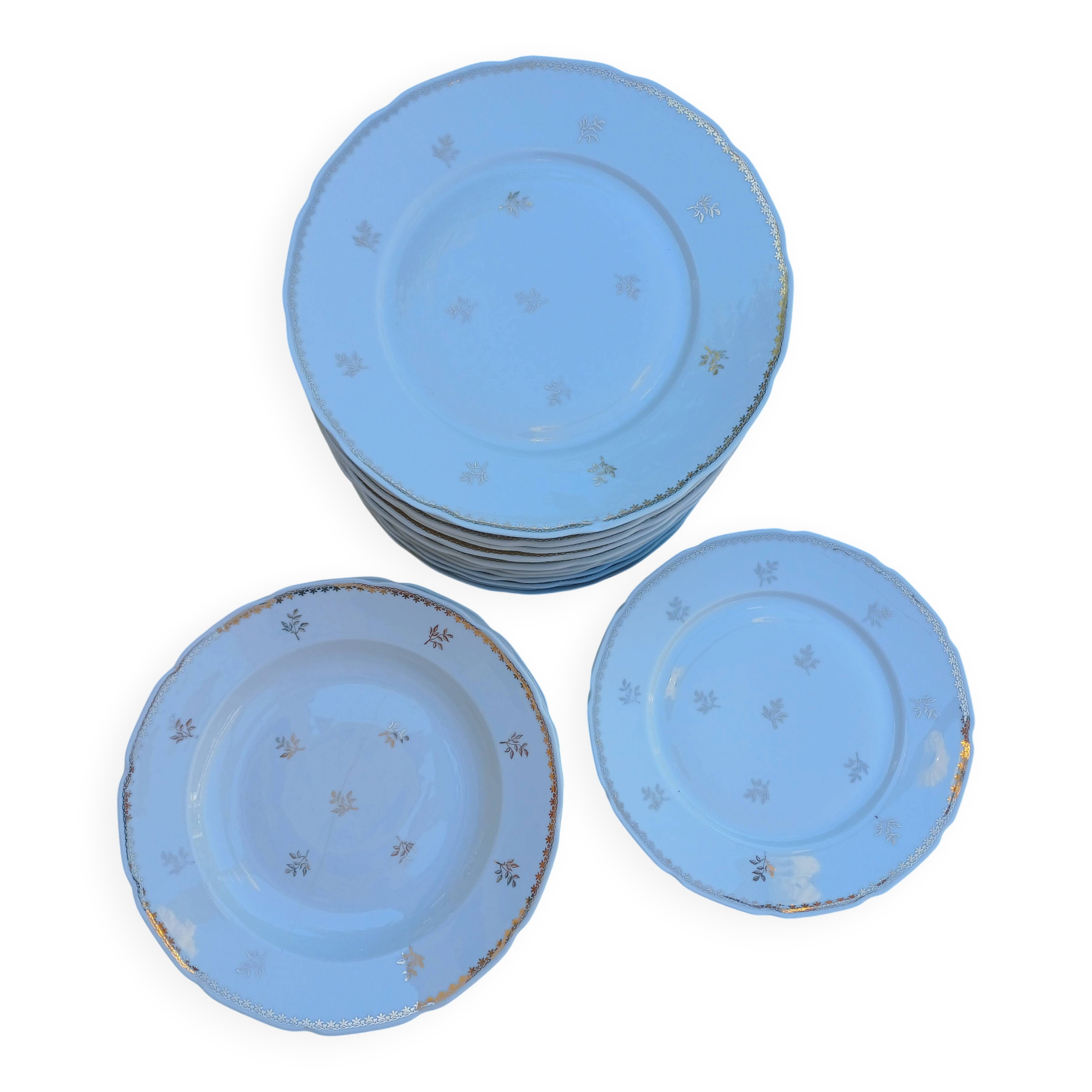 A lot of old white and gold porcelain plates T de F.