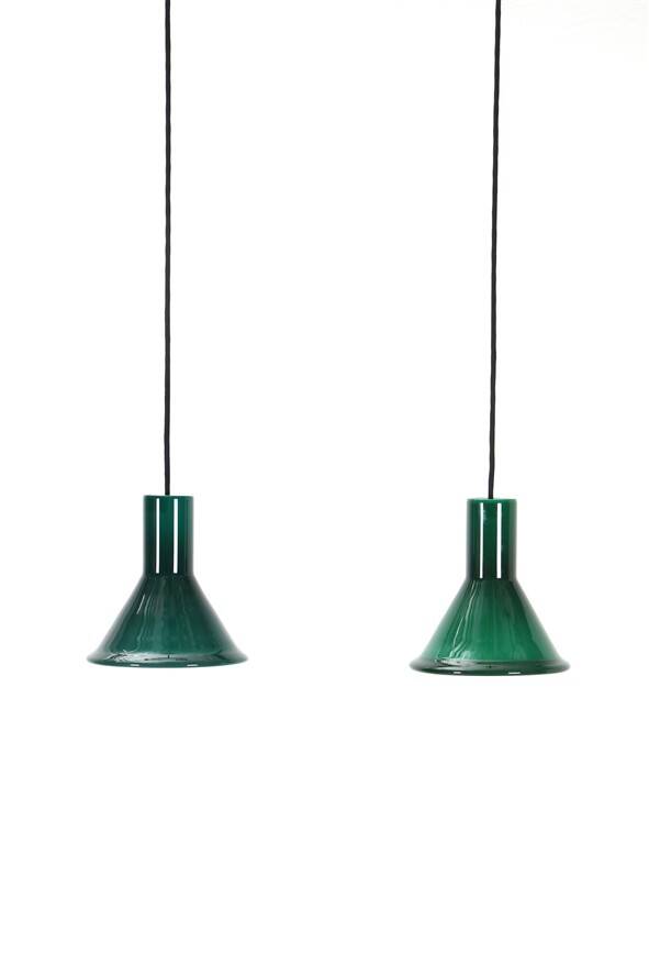 2 suspensions “Mini P&T" en verre vert Holmegaard Michael Bang, années 1970
