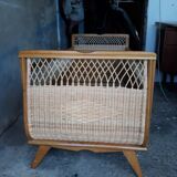 Lit bébé en bois et rotin vintage